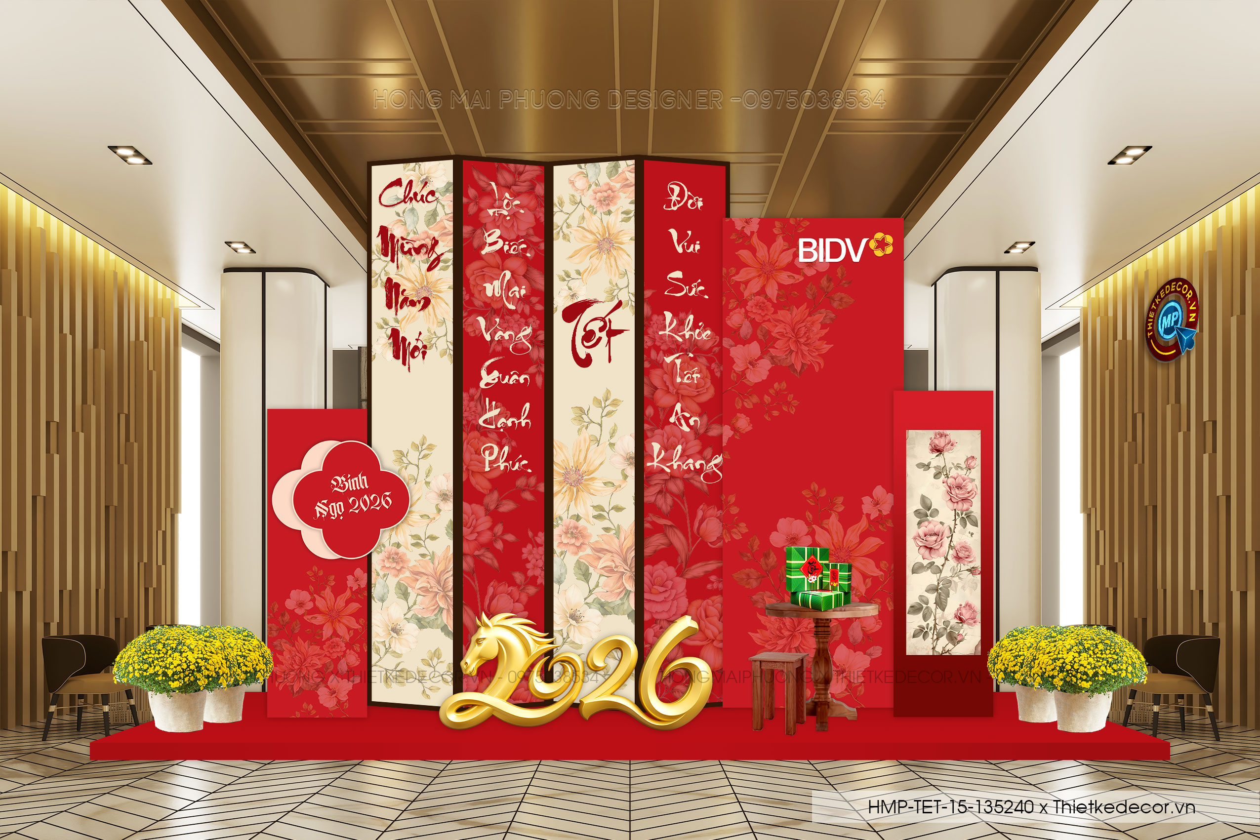 File thiết kế trang trí Tết 2026 Xuân Bính Ngọ. Backdrop checkin Tết.